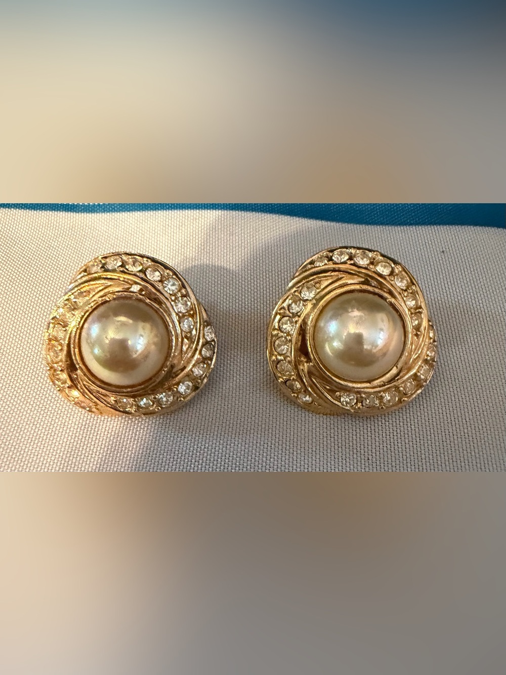 Vintage Roman Pearl and Crystal Round Clip on Earrings - Classic Elegance
